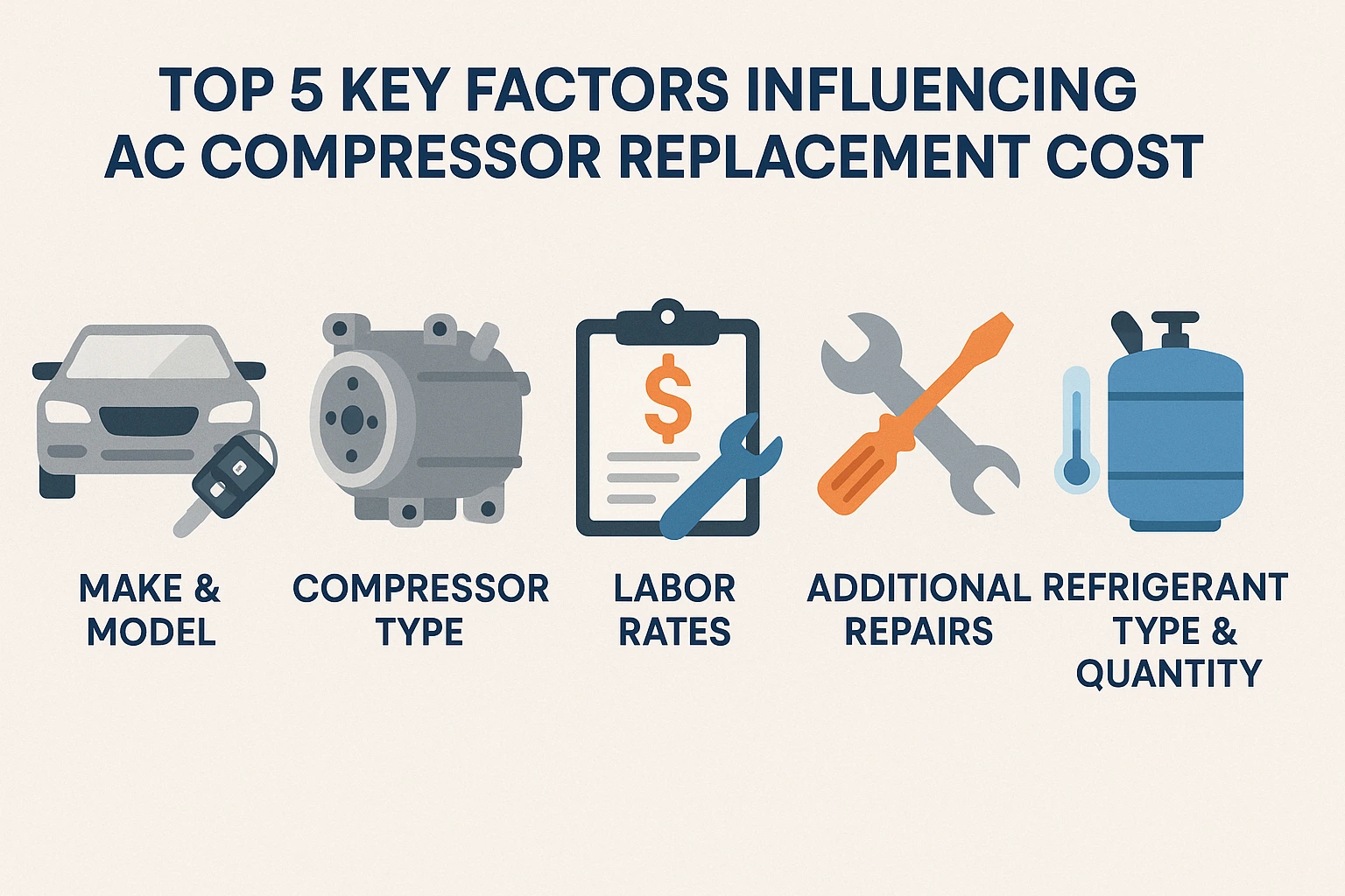Infographic listing five factors impacting AC compressor replacement cost: make & model, compressor type, labor rates, additional repairs, and refrigerant type & quantity.