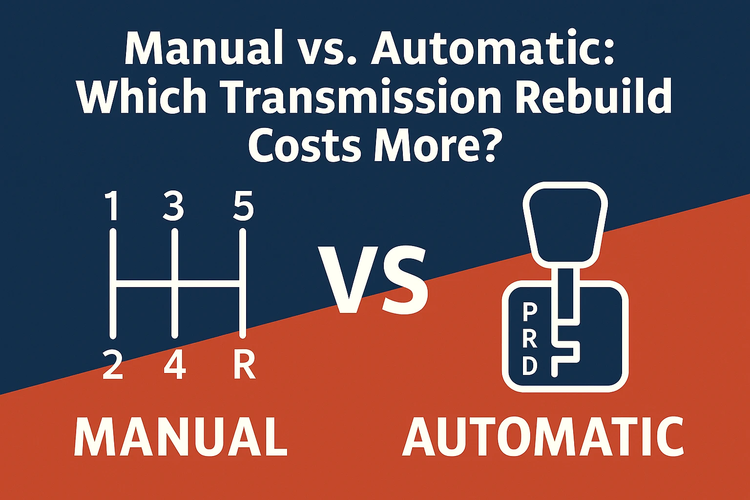 Split background with text: "Manual vs. Automatic: Which Transmission Rebuild Costs More?" Shows manual gear shift icon labeled "Manual" and automatic gear shift icon labeled "Automatic".