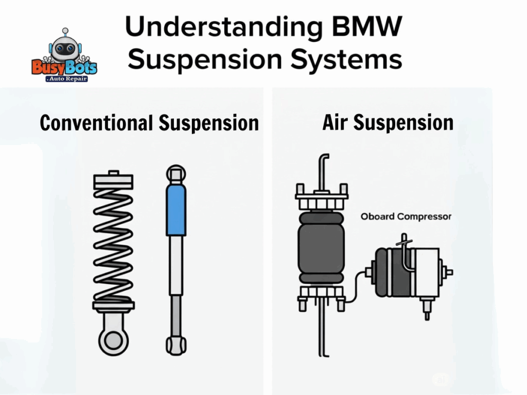 Illustration comparing BMW's conventional suspension system with an air suspension system, highlighting key components and functions.
