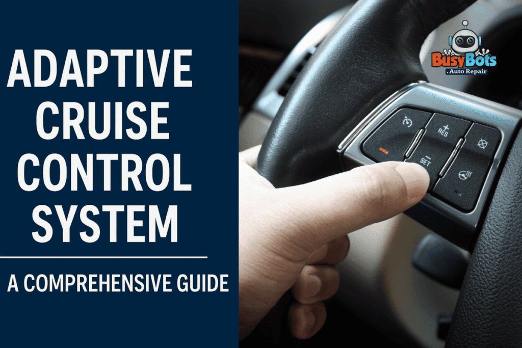A hand pressing the 'SET' button on a car's adaptive cruise control system, with text overlay promoting a comprehensive guide.