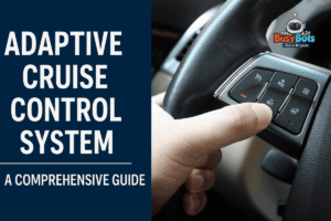 A hand pressing the 'SET' button on a car's adaptive cruise control system, with text overlay promoting a comprehensive guide.
