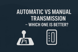 automatic vs manual transmission, featuring gear shift icons and the question, “Which one is better?