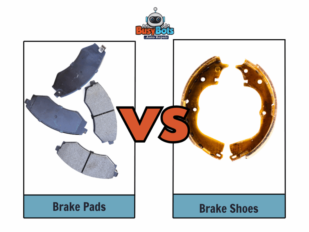 Comparison of brake pads (left) and brake shoes (right) with "vs" in the center; both are essential car brake components.