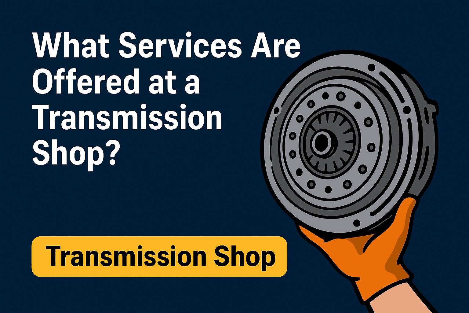 An illustration of a hand holding a transmission part, with text asking about services offered at a transmission shop.
