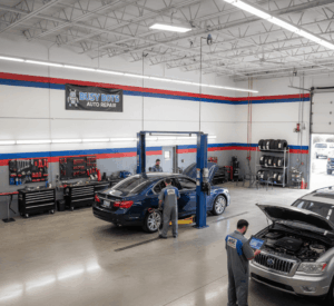 Two mechanics work on cars in a modern auto repair shop, featuring tools, lifts, and a "Busy Bots Auto Repair" sign.