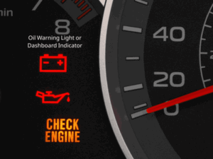 Dashboard warning lights displaying "Check Engine," oil indication, and battery symbol on a vehicle's instrument panel.