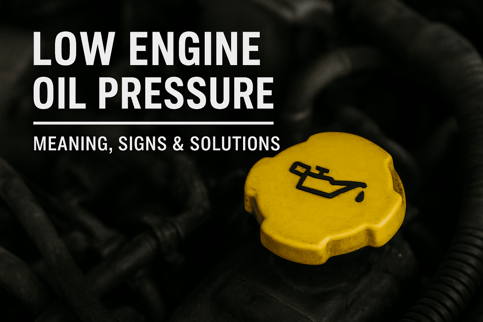 A close-up of a yellow engine oil cap with an oil can symbol, highlighting low engine oil pressure messages.