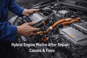 A mechanic uses a diagnostic tool on a hybrid engine, examining electrical components and troubleshooting issues.