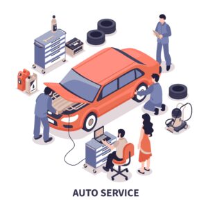 An auto service scene with mechanics working on a red car, tire changes, and tools, showcasing various repair activities.