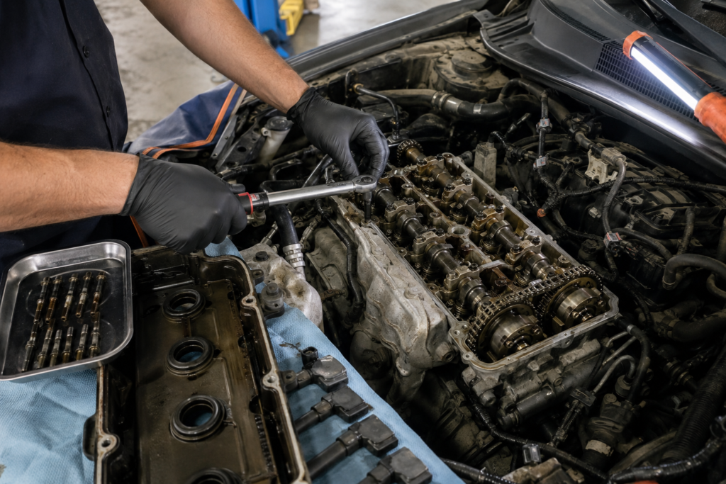 Busy Bots technician performing an engine repair with exposed camshafts in Las Vegas